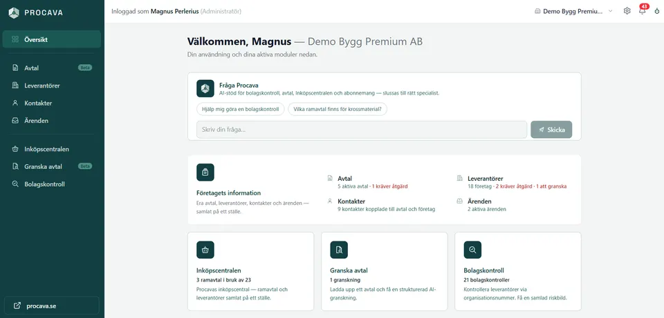 Översikten i Procava Portal